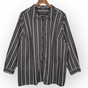 Roaman's Button Up‎ Top Women Size 24W Black Purple Striped Collared 100% Cotton